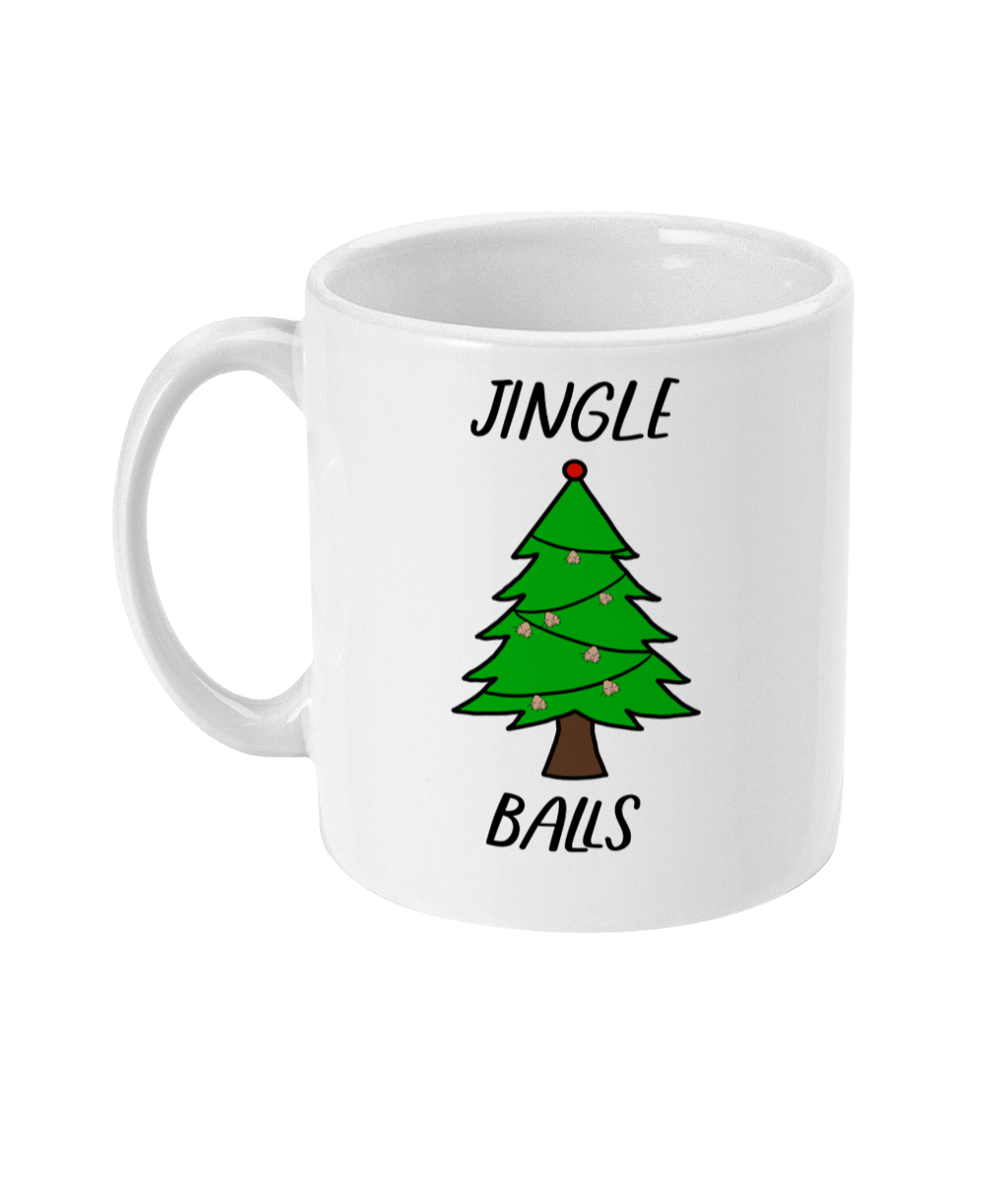 A glossy white 11oz mug with a cartoon drawn green Christmas tree with string ball sack lights circling the tree. The word Jingle is printed above the tree in black font and the word Balls is printed below the tree in black font. The mug is in front of a simple white background. 